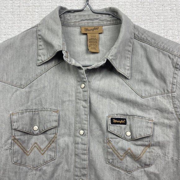 Wrangler Women’s Sz S Western Pearl Snap Gray Denim Shirt Stitching On Pocket - Picture 5 of 12